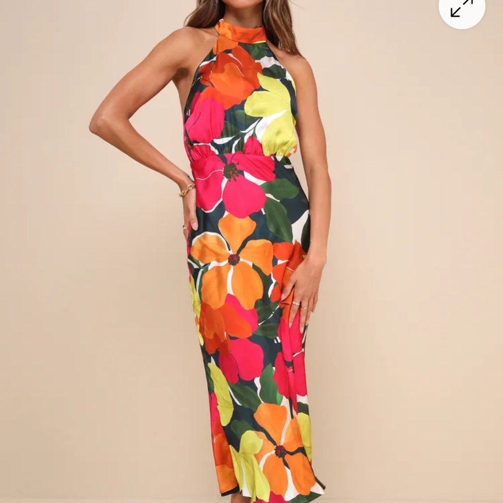 Lulu's Admirable Invite Dark Teal Multi Floral Satin Halter Midi Dress